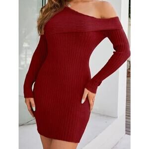 Women’s Off Shoulder Ribbed Sweater Dress Long Sleeve Bodycon Sweater Dresses XL